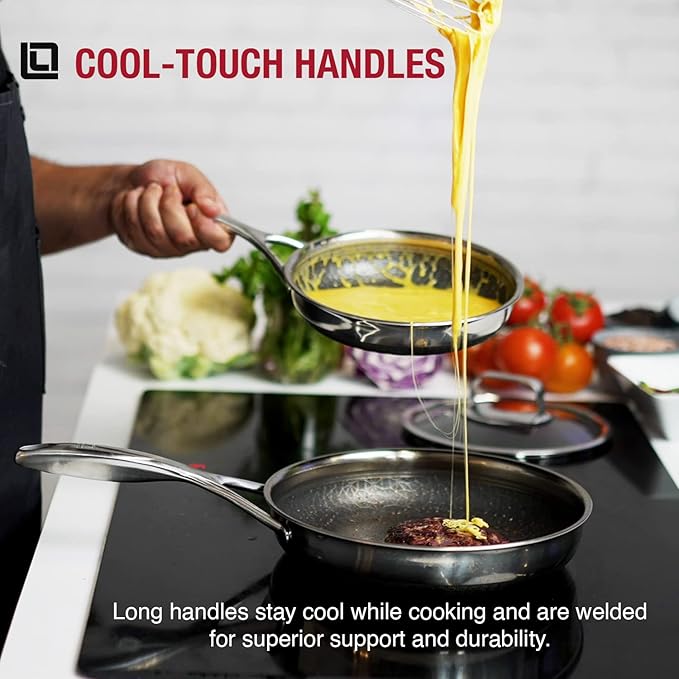 LIVWELL DiamondClad 10-Inch Hybrid Nonstick Fry Pan - Kitchen Gift - Frying Pan Stainless Steel Cookware Set with Tempered Glass Lids - Dishwasher Safe, PFOA-free Cookware - Silver/Black