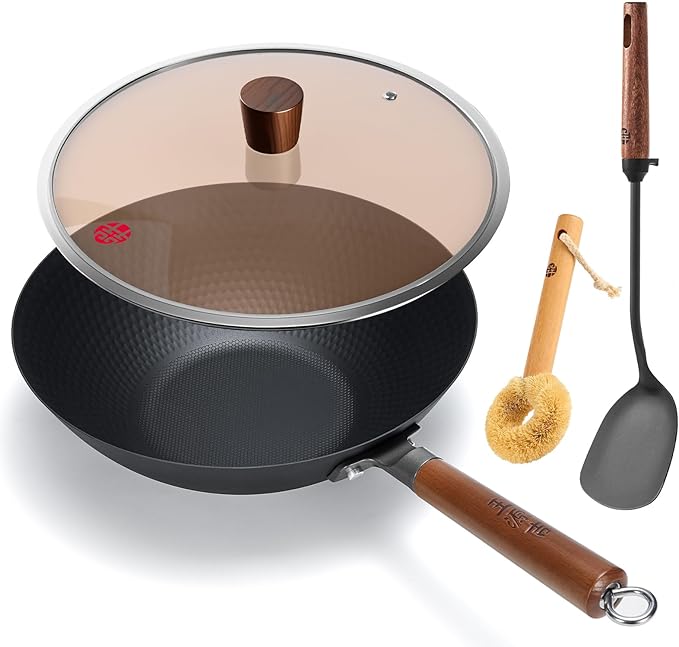 WANGYUANJI 12.6 Inch Carbon Steel Wok with Lid and Metal Spatula, Flat Bottom Uncoated Lightweight Wok Pan with Wooden Handle for Stir-Fry, Gas, Electric and Induction