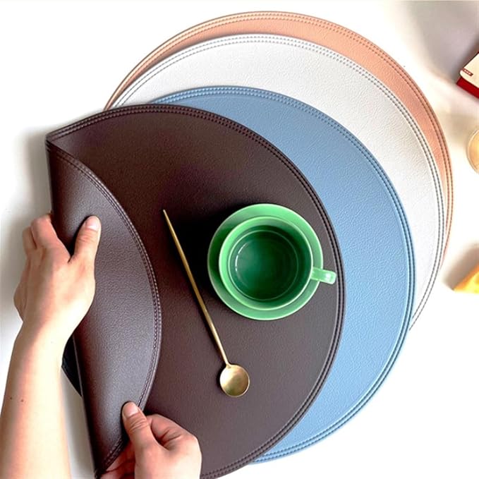 Set of 4/6/10 Black Round PU Leather Placemats Non-Slip Place Mats Coaster Coffee Mats Kitchen Accessories Set De Table(Y Circle Green,R 38CM 1pcs)