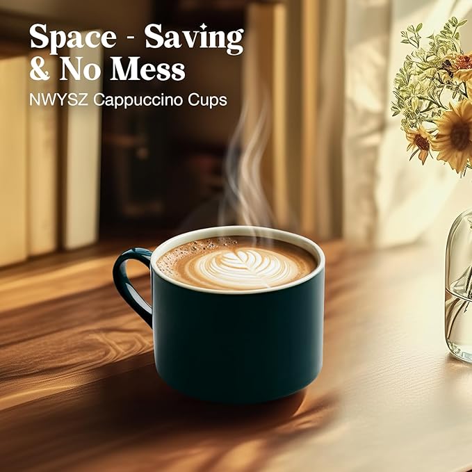 10 Ounce Green Porcelain Stackable Cappuccino Cups with Stainless Steel Holder, Set of 4, Durable Ceramic, Perfect for Home, Office or Gift