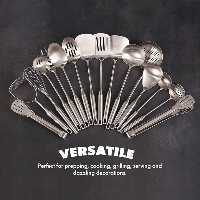 18/10 Stainless Steel Cooking Utensils Set - 16 PCS All Metal Small & Large Kitchen Spoons, Serving Utensils - Whisk, Masher, Fork, Tongs, Solid/Slotted Spoon, Spatula, Turner, Ladle, Skimmer, Pasta