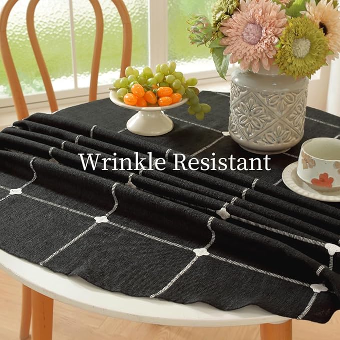 Zobesta Linen Table Cloth Round Tablecloth 53 inch, Washable Farmhouse Soft Boho Black Plaid Round Table Cloth for Party, Holiday, Picnic, Dining, Outdoor