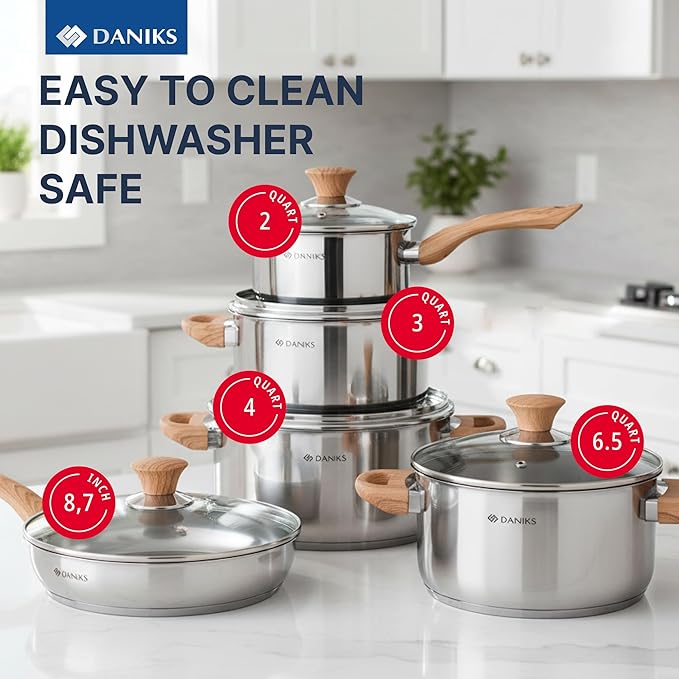 Daniks Oslo 10-Piece Stainless Steel Cookware Set with Glass Lids, Includes Saucepan and Frying Pan with Lid, Tri-Ply Bases for Even Heating, Induction Compatible, Dishwasher Safe, Bakelite Handles