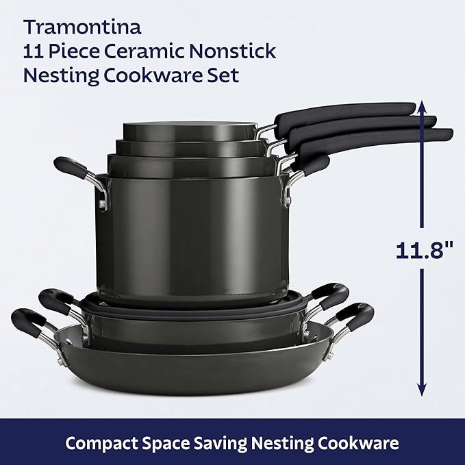 Tramontina Ceramic Non Stick 11-Piece Nesting Pots and Pans Set with Lids - Stackable Nonstick Cookware Set, Dishwasher and Oven Safe, Dark Gray