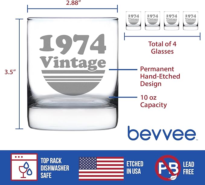 Bevvee Vintage 1974 Whiskey Rocks Glass - 52nd Birthday Gifts for Men & Women Turning 52 - Old Fashioned Bday Decor - Set of 4-10.25 oz