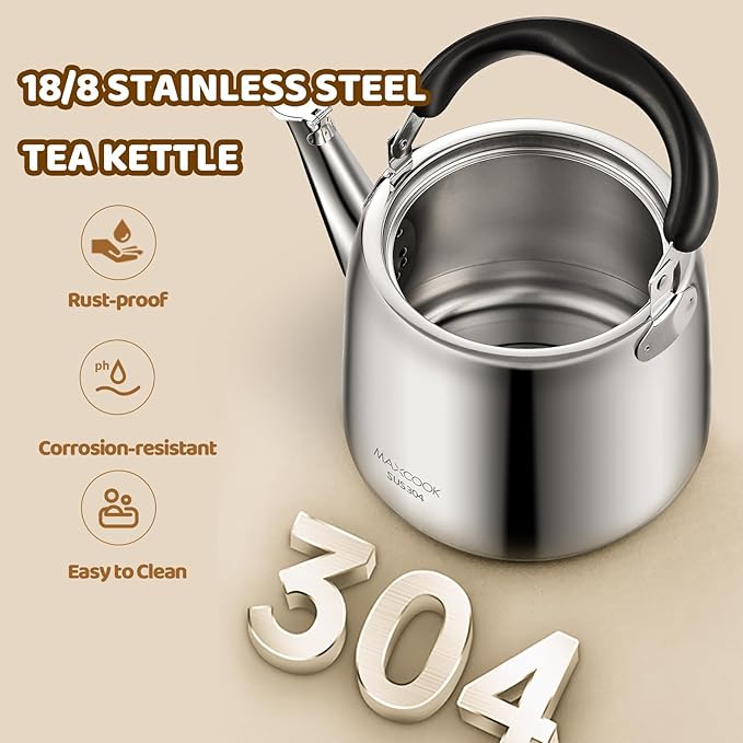 Tea Kettle, 18/8 Stainless Steel Whistling Teapot, 6.34 Quart, Fast Boiling, Anti-Hot Wood Handle (6L,Silver)