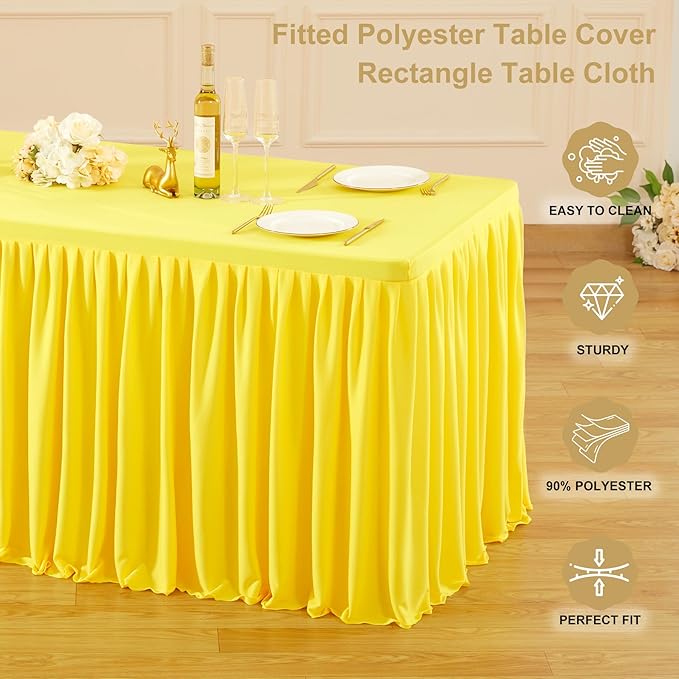 Wish Care 2 Pack Yellow Rectangle Table Clothes for 4 Foot Tables, Polyester Fitted Tablecloths 4ft Stretch Table Cover for Wedding, Birthday, Parties, Trade Show, Craft Show