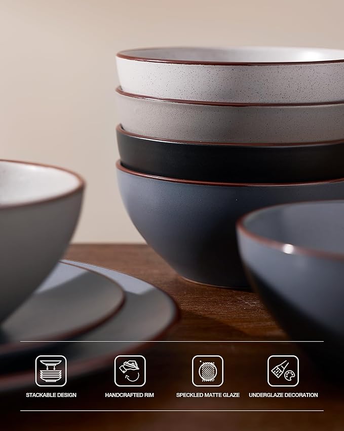 Famiware Venus Speckled Dinnerware Set with Pasta Bowls, Service for 4 (16 Pieces), Stoneware Plates and Double Bowls Sets, Microwave & Dishwasher-Safe Dishes with Trim, Matte Multi-color