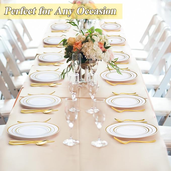BESTSTAR 200PCS Gold Plastic Plates Set, 100 10.25 inch Dinner Plate and 100 7.5 inch Dessert Plates, Premium Disposable Plates for Party, Wedding