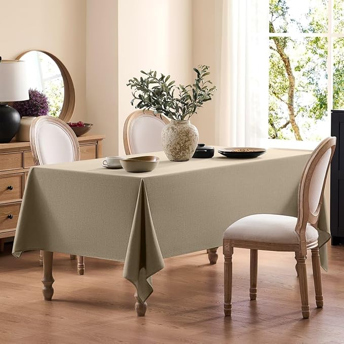 Faux Linen Tablecloths for Rectangle Tables, Burlap Textured Table Cloths Washable Farmhouse Table Cover Water Resistant for Dining, Wedding, Outdoor(Khaki, 60"×84")