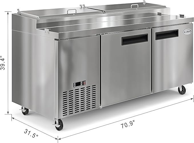 KoolMore 71 in. Commercial Pizza Prep Table with Built-In Refrigerator, Cutting Board, Food Protection Lid, Cold Storage, Rolling Caster Wheels in Stainless Steel, ETL Listed, (KM-RPPS-2DSS)