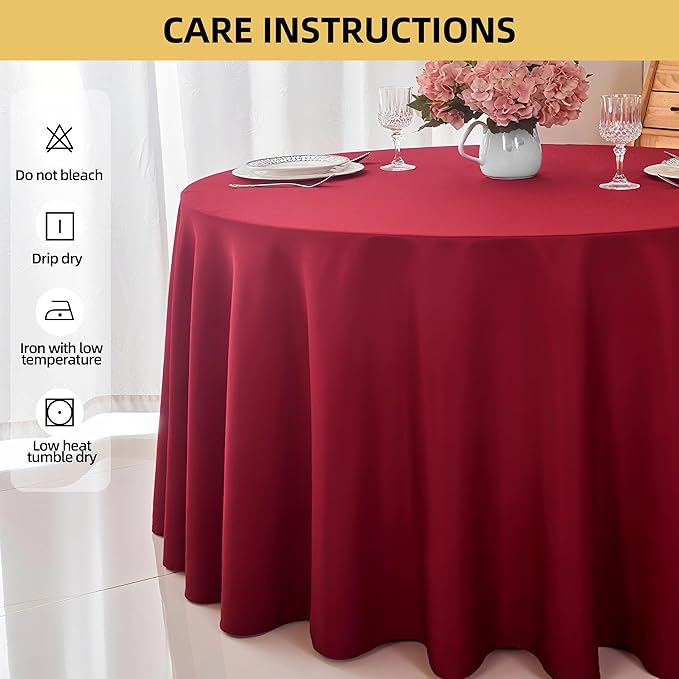 2-Pack Round 120-inch Burgundy Table Cloths, Solid Stain and Wrinkle Resistant Circular Tablecloth, Premium Plain Weave Polyester Fabric Table Linen Covers for Hotel, Banquet