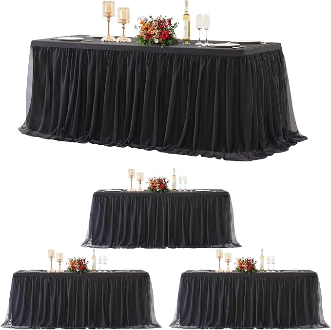 4 Pack Black Tulle Tablecloths for 8 Foot Rectangular Tables, 8ft Black Rectangle Table Cloths, Wrinkle Free Table Cover with Tutu Skirt for Wedding Birthday Party Banquet Buffet Event Decorations