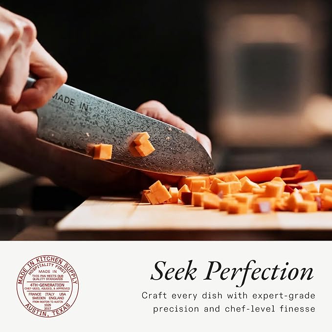 Made In Cookware - 3-piece Japanese Damascus Steel Knife Set (Includes Gyuto, Nakiri and Santoku) - 66 Layers of Damascus Steel with a VG-10 Core - Crafted in Japan - Full Tang With Black POM Handle