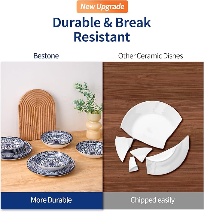 Bestone 12-Piece Round Porcelain Dinnerware Set, Service for 4, Chip Resistant Plates and Bowls,Blue, Dishwasher & Microwave Safe for Home Daily Use