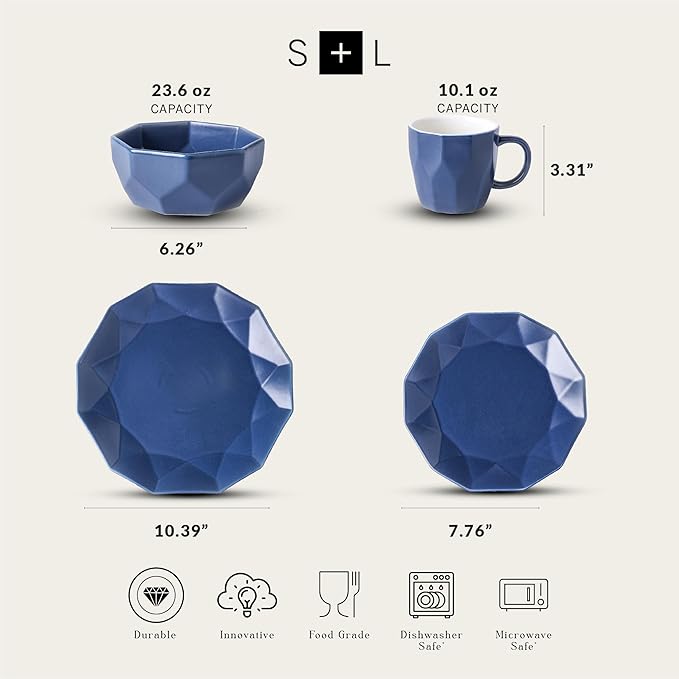 Stone + Lain Jamie Porcelain 16-Piece Geometric Dinnerware Set, Blue