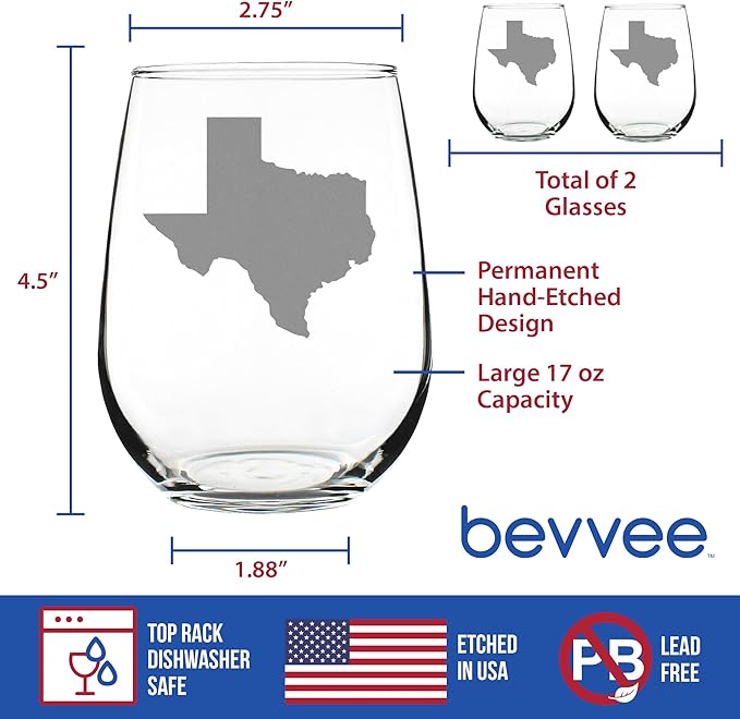 Bevvee Texas State Outline - Stemless Wine Glasses - Set of 2 - State Themed Drinking Decor and Gifts for Texans - Large 17 Ounce