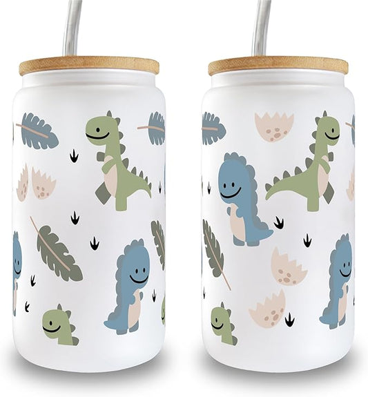 Sip-Sip Hooray! Cute Dinosaur Coffee Cup With Lid and Straw, Frosted 16oz Glass Baby Dino Gift, Dino Can Gift for Girlfriend, Trex Beer Can