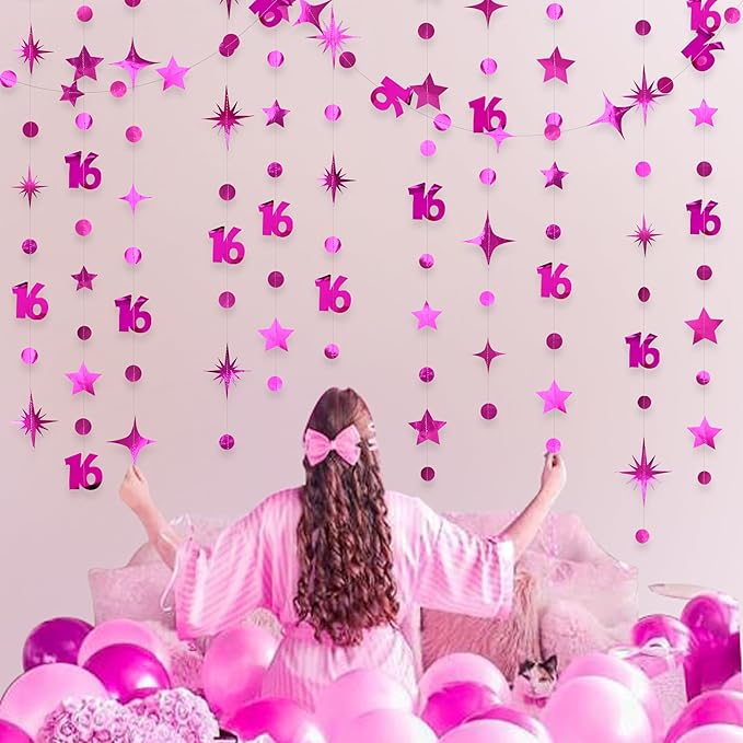 Hot Pink Number 16 Circle Dot Twinkle Star Garland Hanging Streamer Bunting Banner Backdrop Decorations for Girls Happy 16th Birthday Sweet Sixteen 16th Anniversary Cheers to 16 Years Party Decor