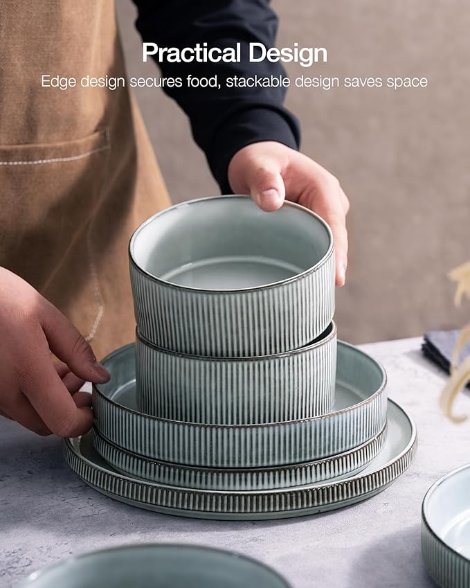 Famiware Star Dinnerware Set with Mugs, Service for 6 (24 Pieces), Ribbed Stoneware Plates and Bowls Dishes Sets - Chip & Scratch Resistant, Microwave & Dishwasher Safe, Smoky Blue