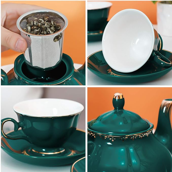 CHENP.HMC Tea Set 22-Piece Porcelain Ceramic Coffee Tea Sets Cups Saucer Service for 6 Teapot Sugar Bowl Creamer Pitcher and Teaspoons Porcelain Tea Set(Dark Green)