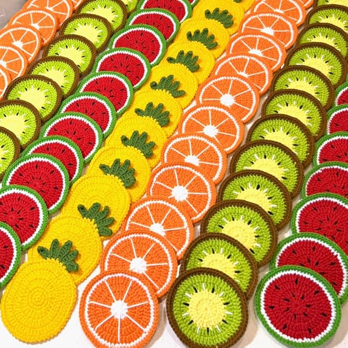 Drink Coasters Set of 4, Cute Crochet Fruit Coaster Gifts for Women, Funny Coffee Table Decor and Housewarming Gift for Home or Office
