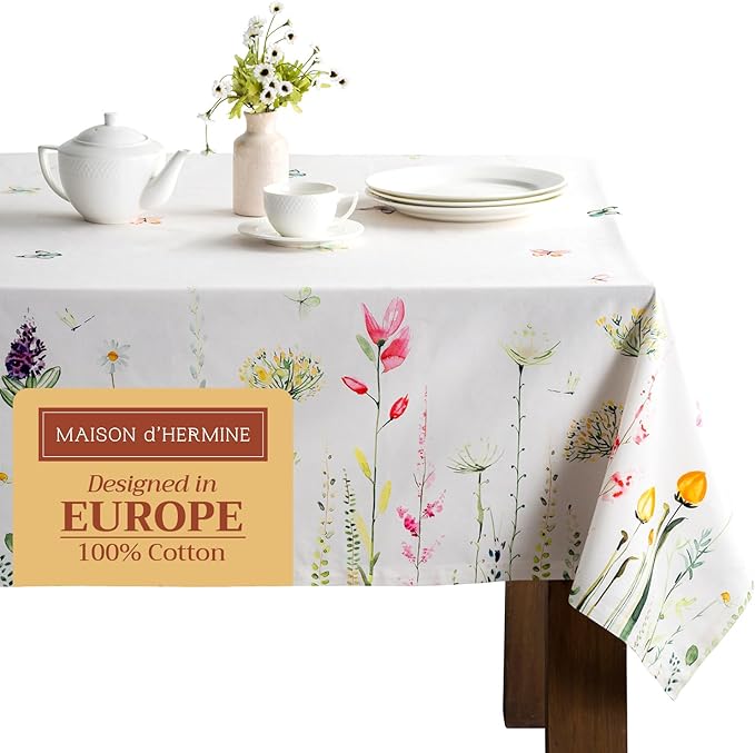 Maison d' Hermine Table Cloth Rectangle Table 100% Cotton 70 x 140 Inches Tablecloth Reusable Decorative for Dining Room Farmhouse Home Valentines Day Decorations Spring Summer - Botanical Fresh