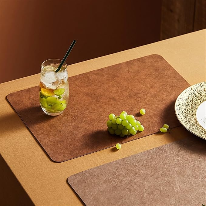 Classic Leather Placemat Sets for Dinging Table Rectangle Circular Table Mat Square Coasters Waterproof Oil-Proof Anti- Pad(A Deep Coffee Color)