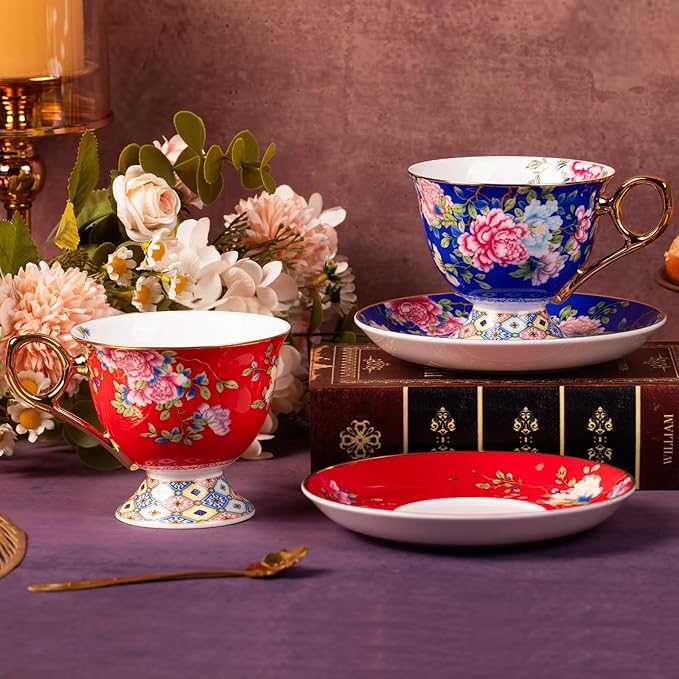 KAMMAK Tea Cups and Saucers Set of 2, Porcelain Coffee Cup with Saucer for Espresso, Cappuccino, 9.8oz Vintage Yellow Floral Ceramic Novelty Mug for Home, Tea Party, Office