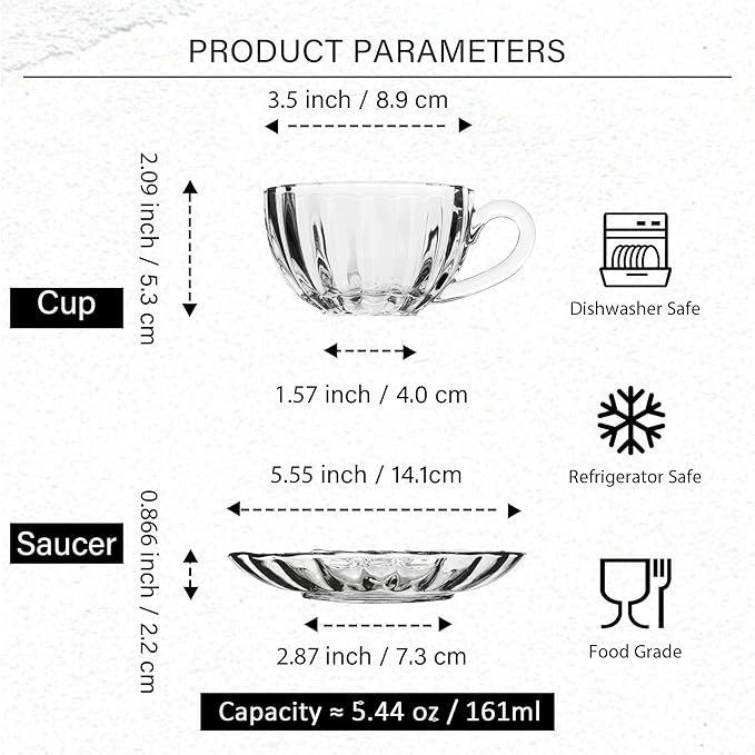 Glass Tea Cups and Saucers Set of 6 - Small Glass Coffee Mugs - Pumpkin Teacups for Espresso Cappuccino Latte Tea - Halloween Thanksgiving Decor Gift (5.4 OZ / 161 ML)