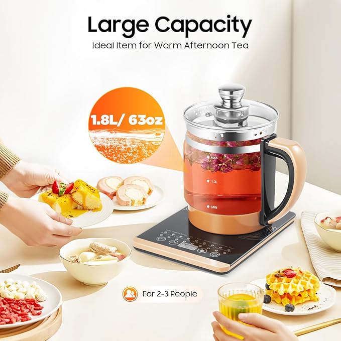 Electric Glass Kettle Kit, 1.8L Glass Hot Boiler With Digital Base, 800W Temperature Control Electric Kettle with Steamed Eggs Holder Hfor Boiling Water, Tea, Coffee