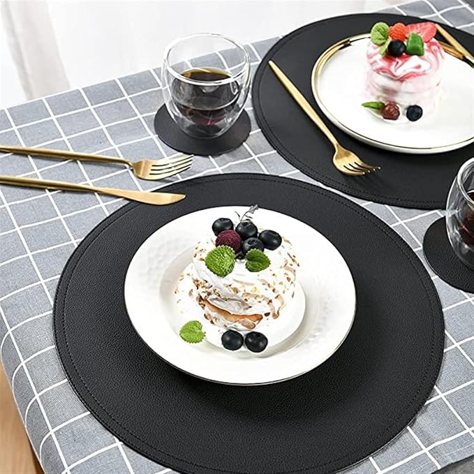 Set of 4/6/10 Black Round PU Leather Placemats Non-Slip Place Mats Coaster Coffee Mats Kitchen Accessories Set De Table(Y Circle red,R 38CM 1pcs)