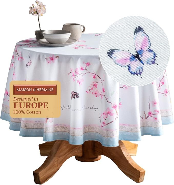 Maison d' Hermine Table Cloth Round Table 100% Cotton 69 Round Inches Tablecloth Reusable Decorative for Dining Room Farmhouse Home Valentines Day Decorations Spring Summer - Blossoms in Spring
