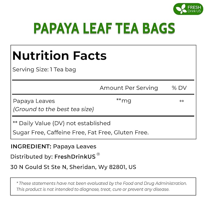 FreshDrinkUS, Premium 25 Papaya Leaf Tea Bags, 100% Natural & Pure from Papaya Leaves. Loose Leaf Herbal Tea. Made with Natural Material Tea Bags. No Sugar, No Caffeine, No Gluten, Vegan.