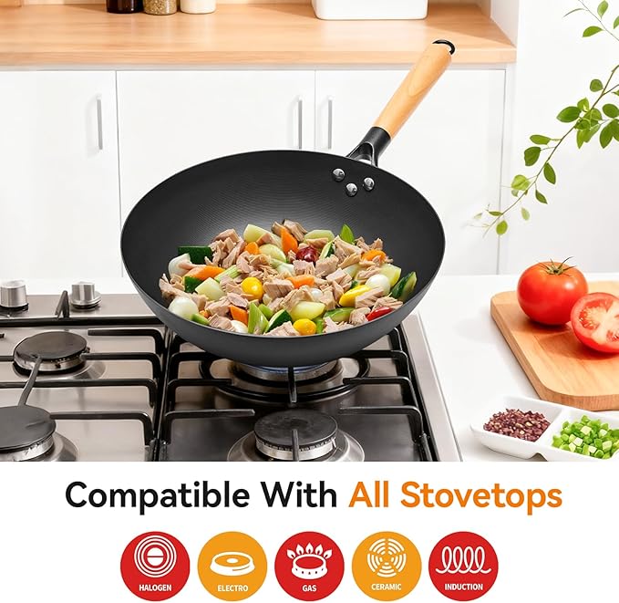 12.6" Carbon Steel Wok Pan, Flat Bottom Stir Fry Wok with Spiral Thread Interior, Coating‑Free Naturally Seasoning Wok, Compatible with Gas, Electric & Induction Cooktops