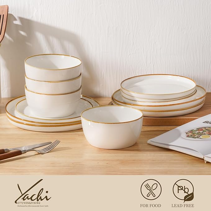 Yachi Plates and Bowls Sets, 12 Pieces Modern Porcelain Dinnerware Set for 4 Kitchen Dinner Set Ceramic Dishware Dishes Set Microwave and Dishwasher Safe, White, Series
