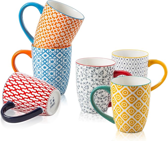 Ceramic Coffee Mugs Set - 16 Oz Large Porcelain Tea Cups with Handle for Women Men Cocoa Latte Cappuccino - Christmas Housewarming Gift - Microwave Dishwasher Safe - Set of 6 - Assorted Colors