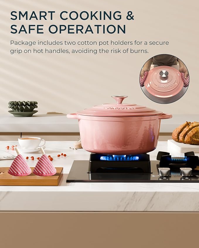 Enameled Cast Iron Dutch Oven - 7.5QT Dutch Oven Pot with Lid & Cotton Potholders - Heavy-Duty Non Stick Casserole Pot for Braising, Stews, Roasting, Baking, Suitable for All Stovetops, Gentle Pink