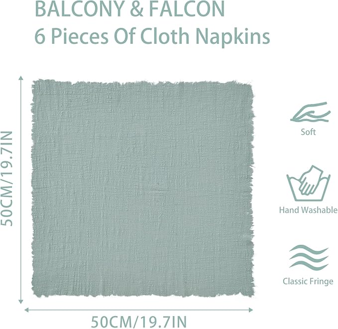 BALCONY & FALCON Cloth Napkins 100% Cotton with Fringed Handmade Square Rustic Style Washable Napkins 6 Pack Sage Green 20 x 20 inches for Easter Thanksgiving Christmas Weddings Parties Banquets
