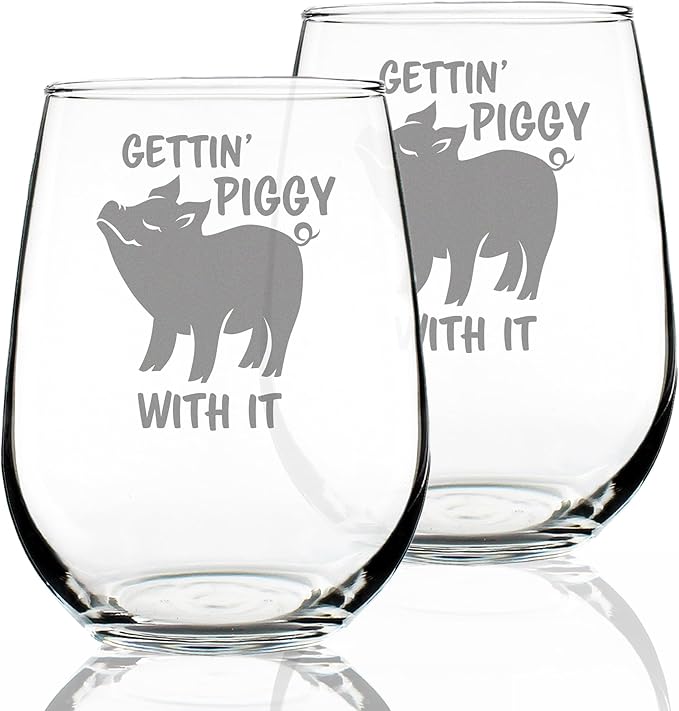 Bevvee Gettin' Piggy With It - Stemless Wine Glasses - Set of 2 - Pig Decor Gifts for Lovers of Swine and Wine - Large 17 Ounce