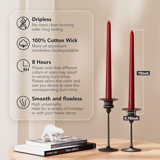10-Inch Tall Dripless Taper Candles Set of 4 - Dark Red Tapered Candles, Perfect for Christmas - Smokeless, Unscented, Long Burning - Hand Poured, Colored Tall Candlesticks - Bordeaux
