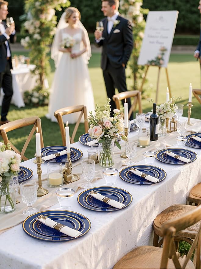 350PCS Navy Blue and Gold Plastic Plates with Rolled Napkins Include Dinner Plate 10’’, Dessert Plate 7’’, gold Cups 9 OZ, Pre Rolled Napkins 25 of each type for Party/Birthday/Wedding