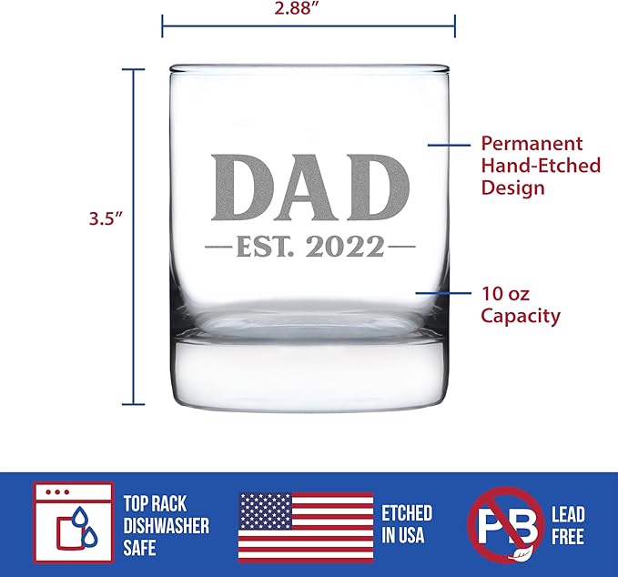 Bevvee Dad Est 2022 - New Father Whiskey Rocks Glass Gift for First Time Parents - Bold 10.25 Oz Glasses