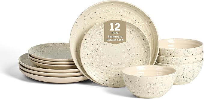 Stone Lain Dua 12-Piece Dinnerware - Stoneware, Plate and Bowls, Dishwasher and Microwave Safe, Dish Set for 4, White