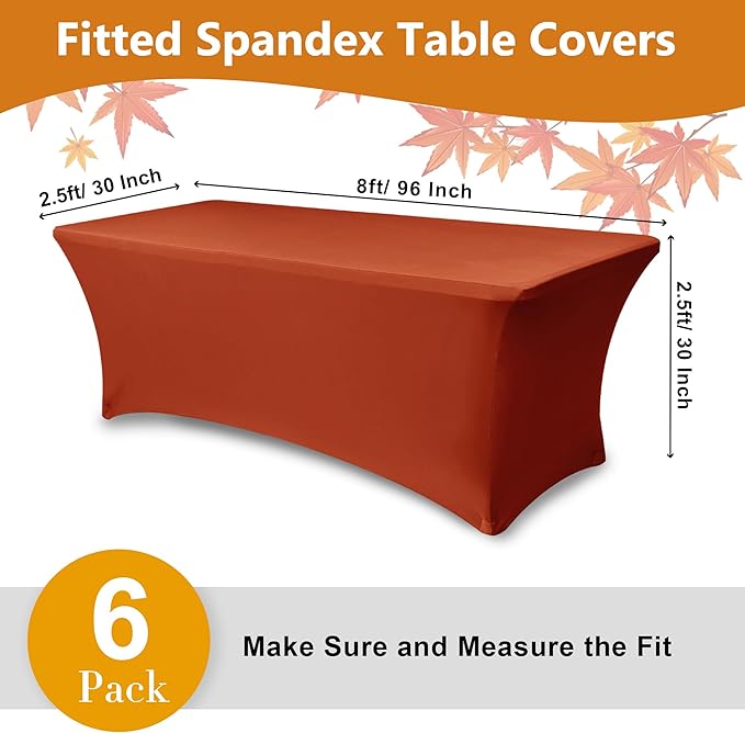 Spandex Table Cloths for 8 Foot Rectangle Tables-6 Pack Rust Fall Thanksgiving Fitted Stretch Table Covers-Elastic Tablecloth for Party, Vendor Booth Display, Banquet Event, Craft Trade Show