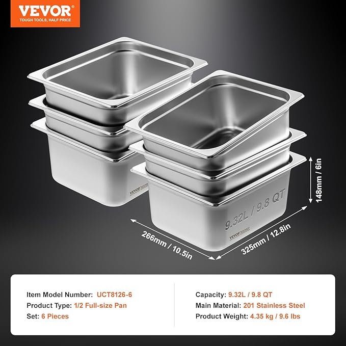 VEVOR 6 Pack Stainless Steel Hotel Pans - 1/2 Size 6-Inch Deep 0.8mm Thick Anti-Jam Commercial Food Pans for Steam Tables, Restaurants, Catering & Industrial Use