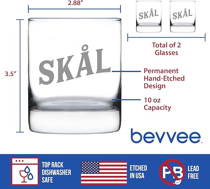 Bevvee Skal - Norwegian Cheers - Whiskey Rocks Glass - Fun Norway Themed Gifts or Party Decor for Women and Men - Set of 2-10.25 Oz