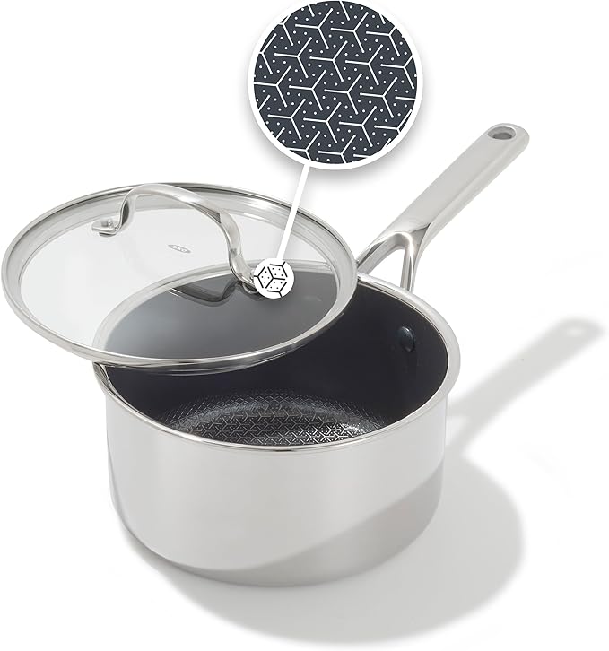 OXO Hybrid 2.5QT Nonstick Saucepan with Glass Lid, PFAS-Free Ceramic Chef Pot, Oven Safe to 850F, Induction & All Cooktop Compatible, Dishwasher Safe, Mirror Polished Tri-Ply