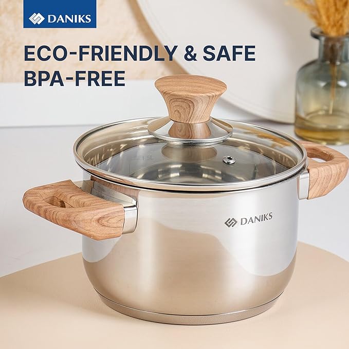 Daniks Oslo 10-Piece Stainless Steel Cookware Set with Glass Lids, Includes Saucepan and Frying Pan with Lid, Tri-Ply Bases for Even Heating, Induction Compatible, Dishwasher Safe, Bakelite Handles