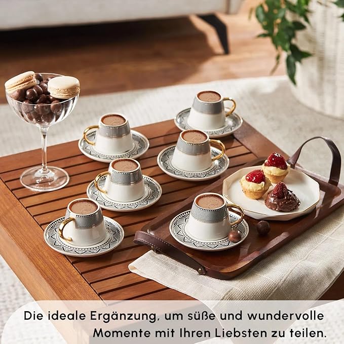 KARACA Globe Turkish Coffee Cup Set of 6, 80ml, 2.7 oz, Small Espresso Cups with Saucers, Porcelain, Black Patterns, and Gold Handles, Ideal for Serving Greek, Arabic Coffee